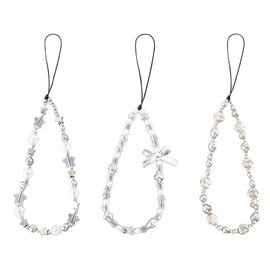 Hanaoops 3 Pcs Phone Charm Pearl Cell Phone Charms Beaded Phone Bracelet Strap Cute Phone Charm Accessories Butterfly Bowknot Star Phone Charm Strap for Phone Keychain Bag Pendants Decor (White)