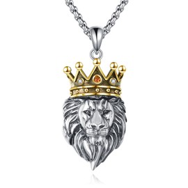 JERWLI Lion Necklace 925 Sterling Silver Crown Lion Head Pendant Necklaces Stainless Steel 22+2 Chain Lion Jewelry For Men Women