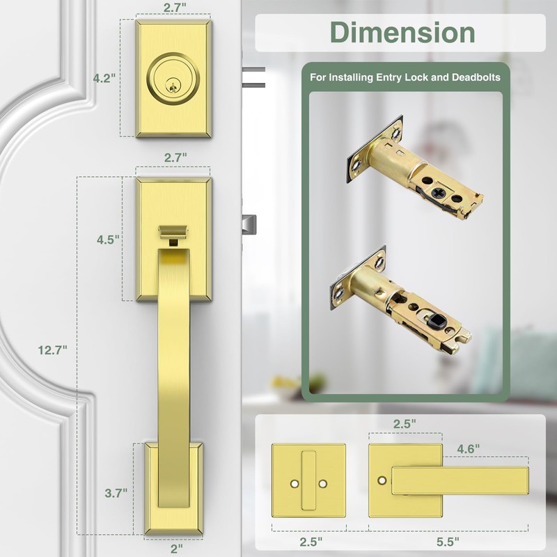 Floresita Front Door Lock Set, Gold Front Door Handle and