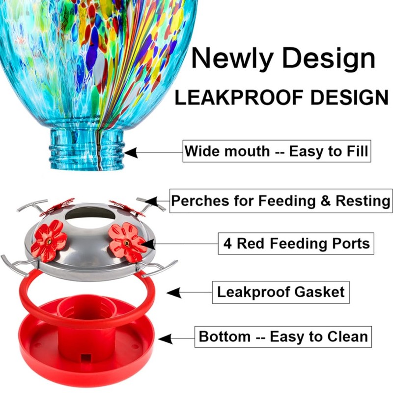 2 Pack Unique Hand Blown Glass Hummingbird Feeders for Outdoors