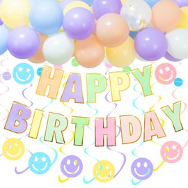 Macaron Happy Birthday Banner, Colorful Birthday Balloons, Paper Circle Garland Smiley Face Swirl Streamers for Large Happy Birthday Sign Photo Backdrop Birthday Banner Kit