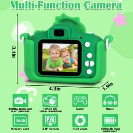 Geavo Dinosaur Kids Camera for Boys Girls, 1080P HD Dual Lens Toddler Camera with Protective Cover, 32G SD Card, Selfie Digital Video Camera, Christmas Birthday Children Gifts for 3-12 Years Old