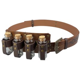 HiiFeuer Medieval Embossed Alchemy Faux Leather Buckle Belt with 4 Cork Vials, Fantasy Wizard Potion Bottles Belt(Brown A)