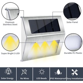 Fohil 12 Pack Solar Step Lights Stainless Steel Solar Stair Light, Solar Powered 3 LEDs Deck Lights Outdoor Waterproof for Garden Fence, Patio, Path, Yard, Garage, Walkways Warm White