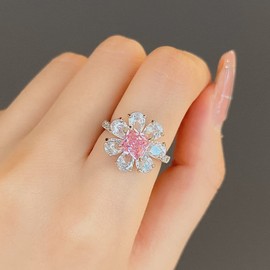 hsiyyecg Fashion Women's Elegant Flower Ring,Square Pink and Pear-Shaped White CZ Simulates Diamonds Unique Floral Jewelry Ring Gift(10)