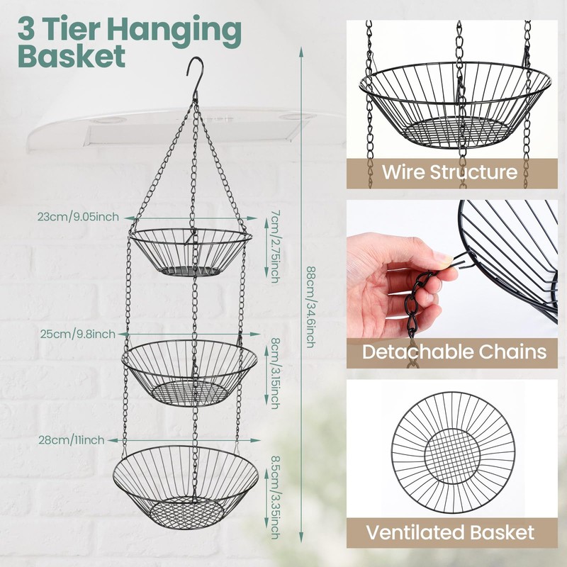 Maxdot 4 Pack 3-tier Hanging Fruit Basket Kitchen Hanging Wall