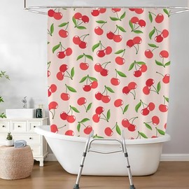 Tybraf - Cortina de ducha de fruta rosa para bancos de transferencia de baño, cortina de ducha dividida de cereza roja, cortina de ducha de banco de conversión de baño, 12 ganchos, 71 x 71 pulgadas