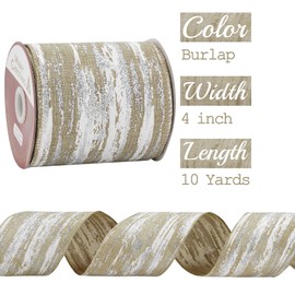 MEEDEE 4 Inch White and Silver Glitter on Tan Burlap Birch Bark Wired Ribbon - 10 Yard Roll - Christmas Tree Ribbon for Gift Wrapping, Wreath Making, Rustic Home Decor, Vintage Style Holiday Crafting