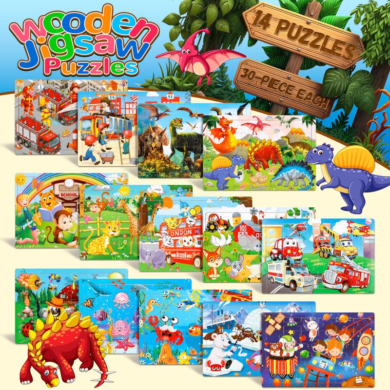 Puzzles for Kids Ages 4-8, 14 Pack Wooden Jigsaw Puzzles