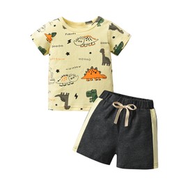 Derouetkia Baby Boy Clothes Short Sleeve Dinosaur Animal Print Tops + Shorts Toddler Outfit Sets, beige