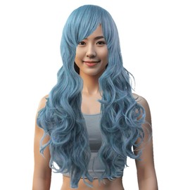 70 cm Women's Wigs Full Wig. Long Curl Wavy Curly Bangs Oblique Loose Soft Wig Harajuku Style Natural Texture High Temperature Heat Resistant Anime Cosplay Costume for One Size Fits Most Blue Gray