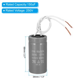 PATIKIL CD60 Running Capacitor, 5 Pcs 150uF 250V 2 White Wires 50/60Hz Motor Starting Capacitor 68x34mm for Air Compressor Motor Starts Running, Grey