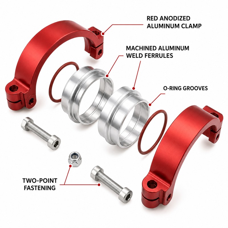 2, 2.5 and 3 Inch Anodized Aluminum Quick-Release V-Band Clamp