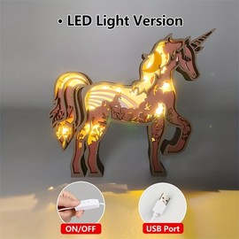 3D Wooden Animals Carving LED Night Light, Wood Carved Lamp Modern Festival Decoration Home Decor Desktop Desk Table Living Room Bedroom Office Farmhouse Shelf Statues Perfect Gifts (Unicorn)