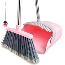 XXFLOWER Broom and Dustpan Set, Dustpans with Broom Combo for Home, Heavy Dust Broom and Dustpan Combo, Long Handle Dust Pan and Broom Set for Kitchen, Office, Pet Hair(Gray Pink)