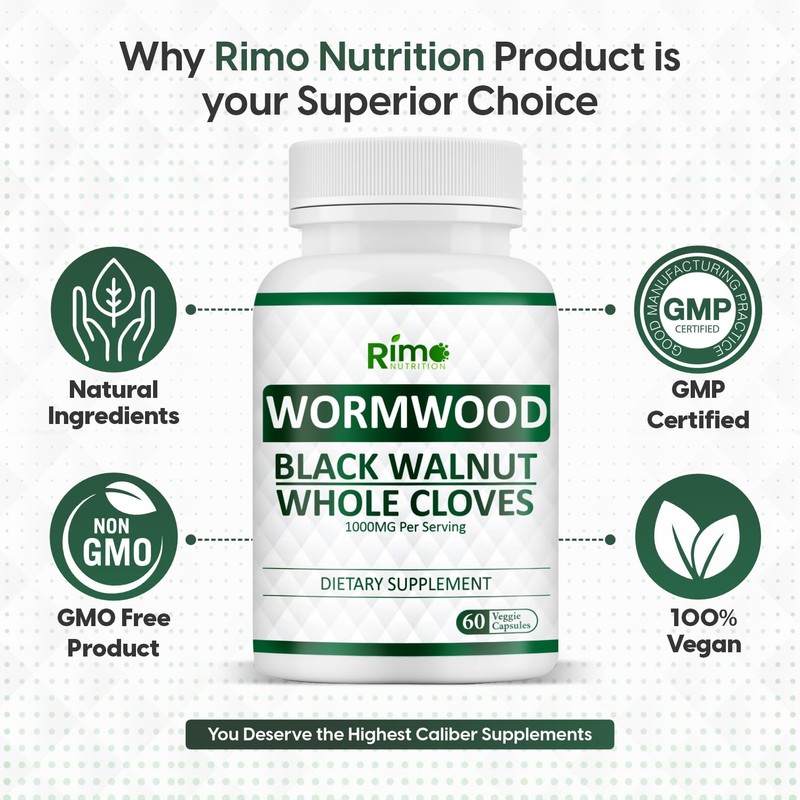 Rimo Nutrition Wormwood Black Walnut Clove Capsules - Cleanse, Detox,