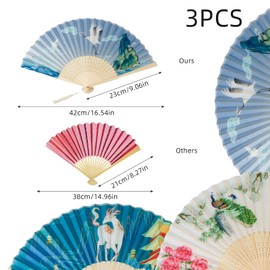 FRUHLING Pack of 3 Handheld Folding Fan Hand Fans with Tassel Fans Wedding Hand Fan Bamboo Fabric Folding Fans for Home Decoration Party Wedding Dancing