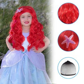 HIULLEN Children's Mermaid Wig, Ariel Wig Children's Costume Accessories, Red Children Princess Children Red Long Curly Wig for Carnival Fancy Dress Theme Party Cosplay