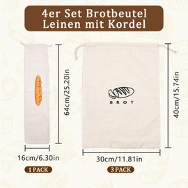 4 Stück Leinen Brotbeutel Aufbewahrung Frischhalten, Brotsack Zum Frischhalten Leinen, Wiederverwendbar Leinenbeutel für Brot (40x30cm / 64x16cm), Brotbeutel Leinen, Leinensack Für Brot, Baguette