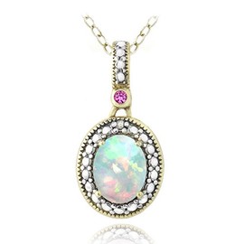 GemStar USA Gold Flashed Sterling Silver Synthetic White Opal & Pink Sapphire Oval Necklace
