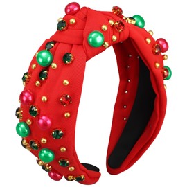 Christmas Headband for Women Xmas Bow Knotted Headbands Red Jeweled Crystal Top Knot Hairband Rhinestone Pearl Wide Head Band for Christmas Holiday Hair Accessories Costume Party Outfits Gifts