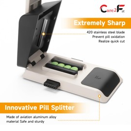 Care2fit Auto Centering Pill Cutter Device, Pill Splitter Made of Aviation Aluminum Alloy with 402 Stainless Blade, Anti Cut Design,Ergonomic Operation Control,Designed in The USA (White)