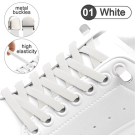 WEGOODZF No Tie Elastic Shoelaces: 8mm Wide 100cm Long White Flat Elasticated Shoe Laces with Metal Buckles for Kids Adults 2 Pairs Replacement Shoelace for Trainers Boots