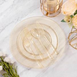 Goodluck 120PCS Gold Plastic Plates, Disposable Gold Glitter Plates, Heavy Duty 60pcs 10.25" Dinner Plates, 60pcs 7.5" Disposable Dessert Plates, Disposable Plates for Party, Wedding