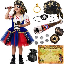Tacobear Pirate Costume Children's Fancy Dress Costumes Girls Tulle Dress Pirate Headscarf Eye Patch Telescope Cosplay Birthday Pirate Fancy Dress Costume Pirate Children's Costume Carnival (120, 5-6