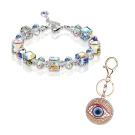 ZHSH Cute Bling Crystal Turkey Eye Keyring with 1 Pcs Sugar Cube Rhinestone Bracelet, Gold Sparkling Alloy Evil Eye Charm Pendant (C1)