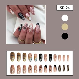 Christmas Press on Almond Nails-24Pcs Black Artificial Fake Nails with Snowflake Tree Designs Winter Xmas Glossy Full Cover Medium Acrylic False Nails Glue Stick on Fingernails for Women
