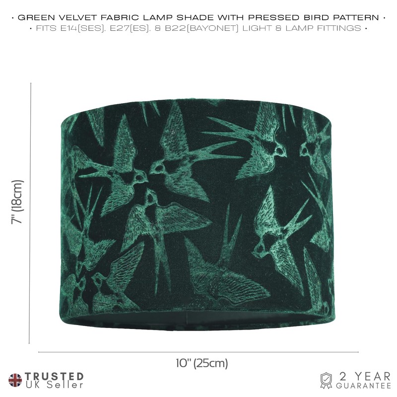 Highlighted Bird Decorated Dark Forest Green Velvet Fabric Lamp Shade