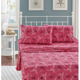Kids Zone Home Collection Sheet Set Girls/Teens Paris Eiffel Tower Hearts Flowers White Pink Black Pink / White New # Flatscreen Paris (Pink, Queen)