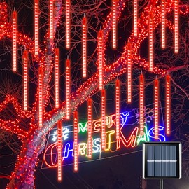 YEGUO Solar Meteor Shower Lights Outdoor, 8 Tubes 144 LED Meteor Christmas Lights, Falling Rain Lights for Party Tree Holiday Roof Wedding(Red)