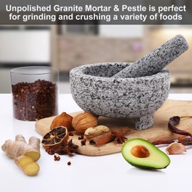 Mortar and Pestle Set,Unpolished Granite Grinder Bowl 6 Inch - 2 Cups for Herbs Pesto Pastes Seasonings Grinder,GuacamoleMortar and Pestle,with Non-Slip Mats