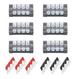 Ruidee 12pcs (6 Set) Terminal Block 4 Positions Dual Rows Covered Screw Terminal Block 600V 25A + 6Pcs 4 Positions Pre-Insulated Fork Terminal Barrier Strip Red/Black 400V 25A TB-U2504