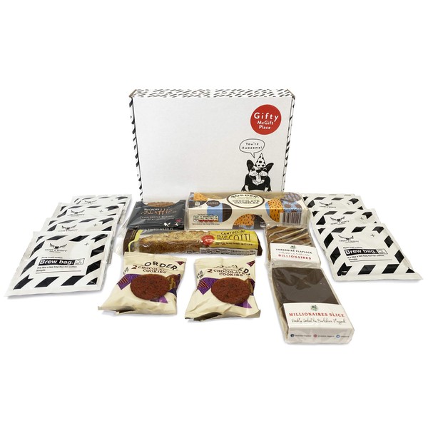 Coffee Brew Bags Gift Hamper - Paddy & Scotts Coffee Brew Bags, Toffee Waffles, Millionaires Shortbread, Billionaires Flapjack, Borders Biscuits
