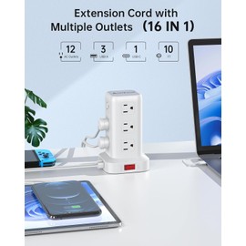 AnnTane Surge Protector Power Strip 6.5 FT Cord, Power Strip Tower with 4 USB Ports (1USB C), Extension Cord with 12 AC Multiple Outlets, Home Office Supplies Desk Accessories, Dorm Room Essentials