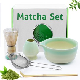 Druuzyl 5 Piece Set de bol à en céramique, bol à matcha, fouet à matcha, spatule, Passoire, porte-balai à pour la cérémonie du thé, colour gradient