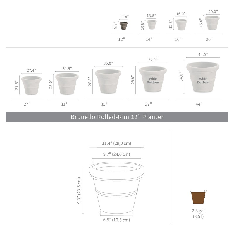 Crescent Garden Brunello Small Classic Planter, Indoor/Outdoor Weather-Safe Round Plant