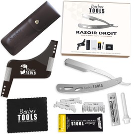 Shaving Set - Razor with Replaceable Blade + 40 Double Blades (80 Single Blades) + Cloth + Alum Stick + Storage Case + Shaving Towel + Stencil Comb