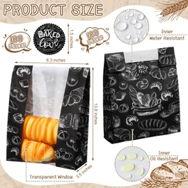 MotiMind 100 Packs Paper Bread Bags for Homemade Bread Sourdough 14 x 8.3 x 3.5 Inches Kraft Paper Bakery Bag with Window Label Seal Sticker for Baked Food Packaging Storage(Black)