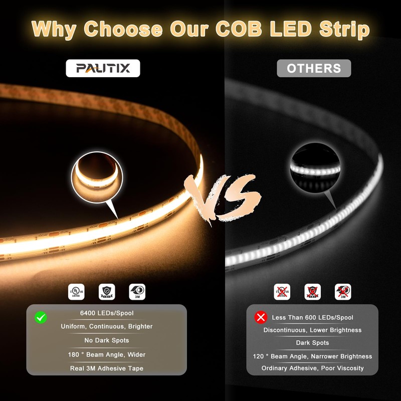 PAUTIX COB LED Strip Light White CCT Tunable 3200LEDs,CRI90+ 16.4ft/5m