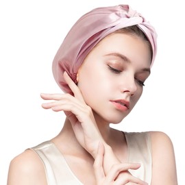 MISF 22 Momme 100% Mulberry Silk Bonnet For Sleeping Women, Double Layer Silk Bonnet with Adjustable Elastic Band, Non-Slip Night Satin Cap for Curly Hair Care, Pink