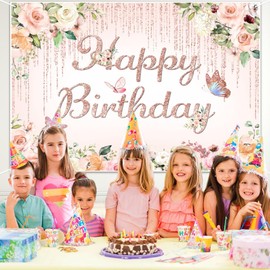 TYLCLTX Birthday Backdrop for Women Happy Birthday Banner Party Decorations Pink Gold Rose Photography Background 8x6ft