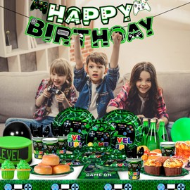 Video Game Party Supplies,128pcs Video Game Party Tableware Set - Video Game Plates and Napkins,Cups Table Cloth&Gamer Birthday Decorations Banner etc Gaming Birthday Party Supplies for Boys Kids