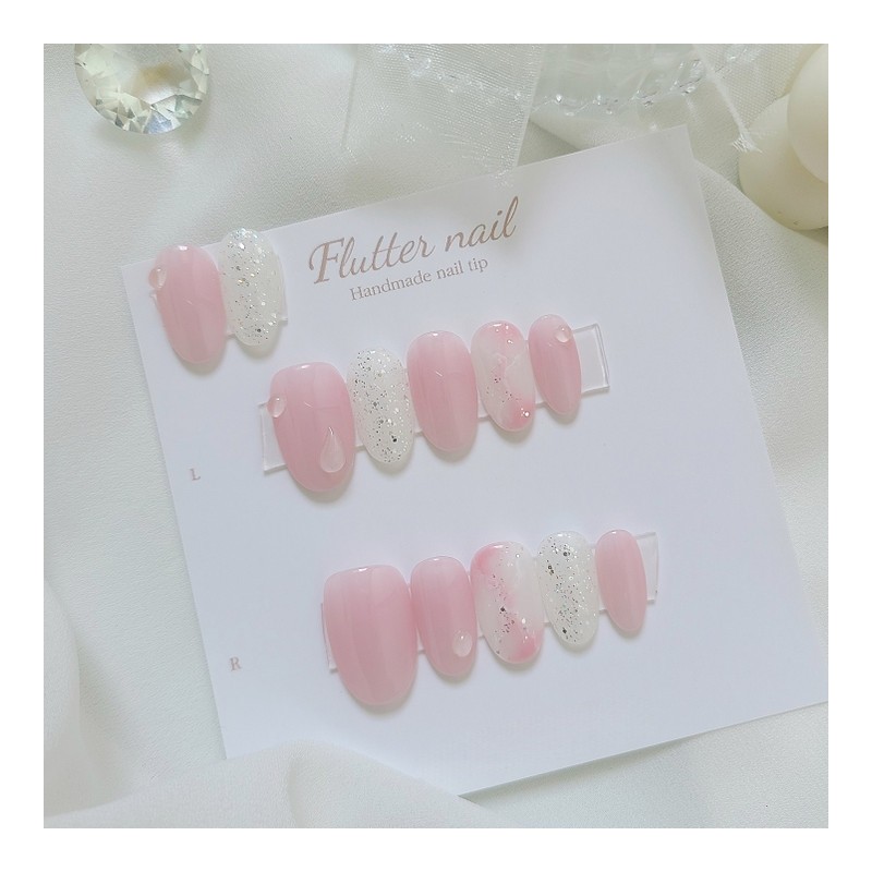 Water drop syrup pink handmade nail tip - Short Oval