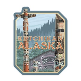 Die Cut Sticker Ketchikan, Alaska, Alaska Totem Poles, Contour Vinyl Sticker 3 to 6 inches, (Waterproof Decal for Cars, Water Bottles, Laptops, Coolers), Large