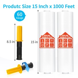 JARLINK Stretch Film, 15 Inch x 1000 Feet Shrink Wrap for Pallet Wrap, Industrial Strength Stretch Wrap with Handles, Moving Wrapping Plastic Roll, 60 Gauge, 1 Pack, Clear