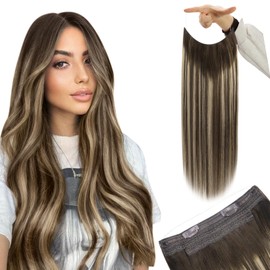 YoungSee 120G Invisible Wire Human Hair Extensions Brown Balayage Wire Extensions Human Hair Ombre Dark Brown with Ash Blonde Hair Extensions with Wire Human Hair for Thinning Hair 18Inch